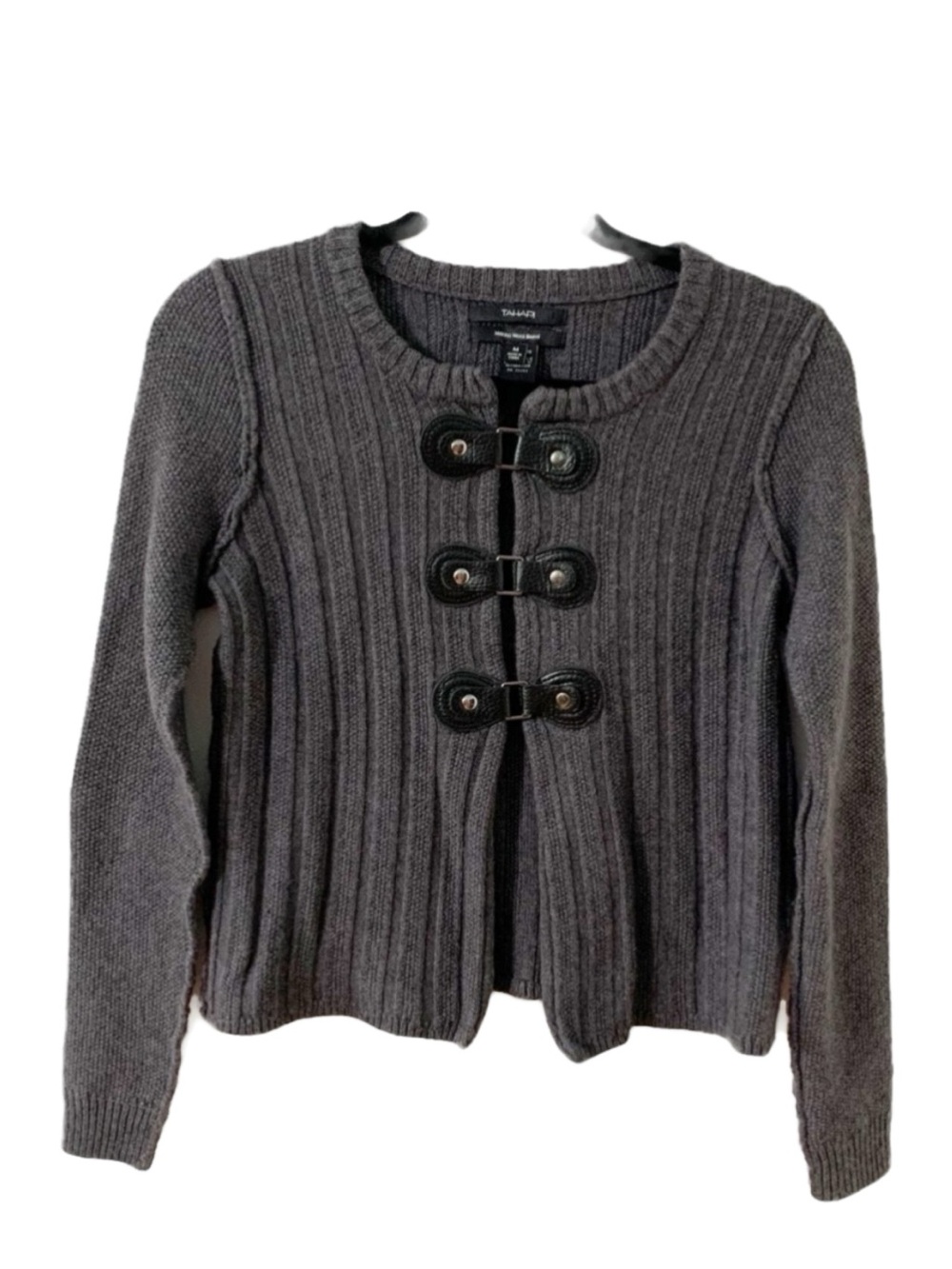 Vintage Tahari Merino Wool Blend Sweater Med Gray Black Leather Snap Closure Y2K